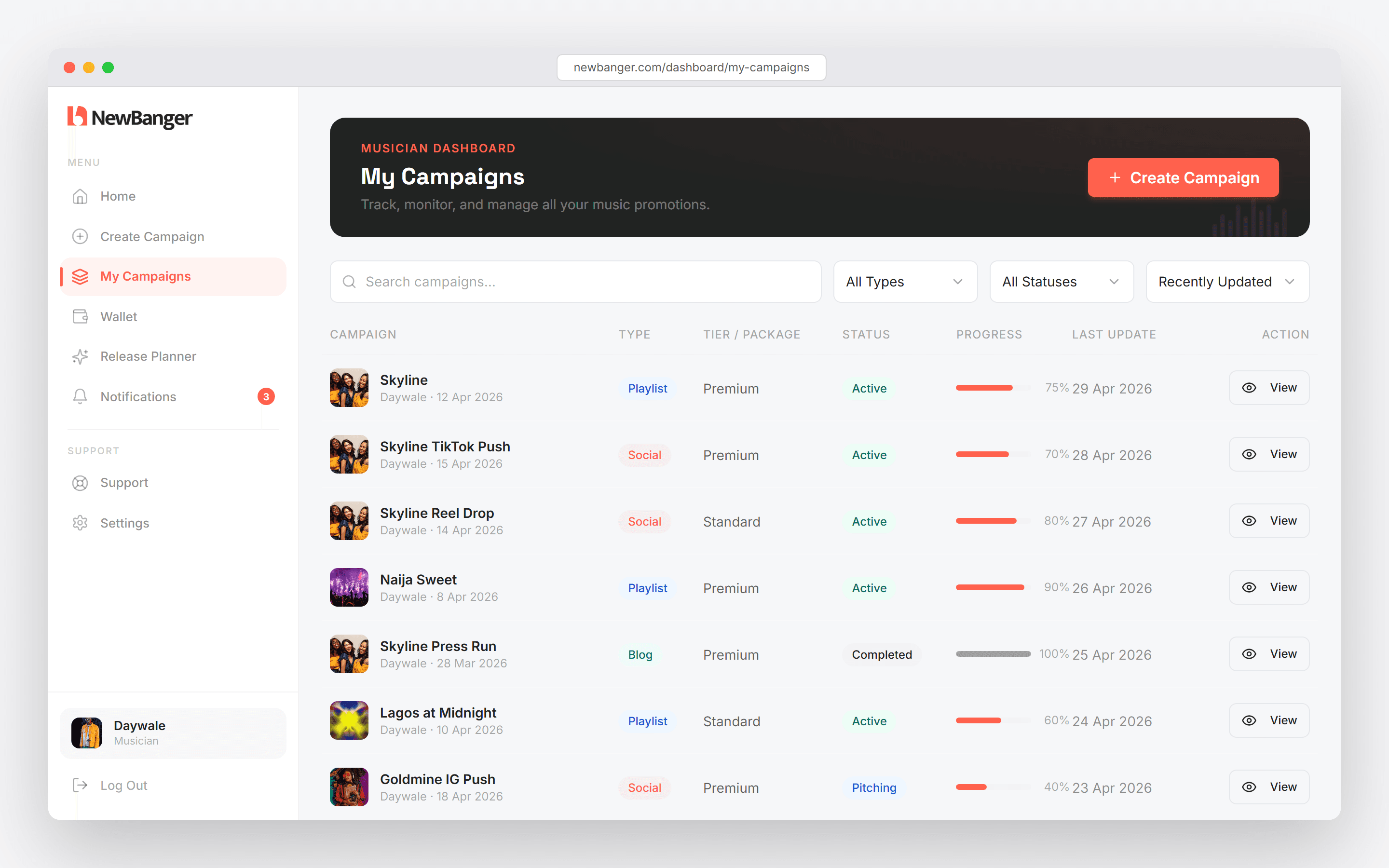 NewBanger musician dashboard showing playlist, social media and blog campaigns with live progress tracking