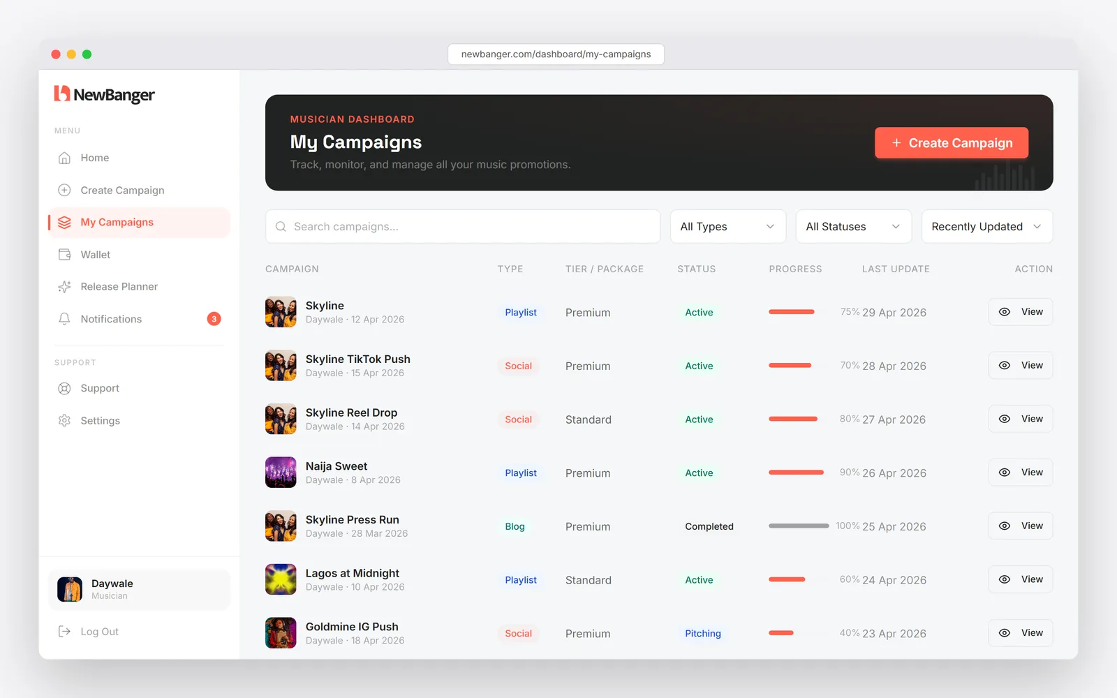 NewBanger musician dashboard showing playlist, TikTok, Instagram and blog campaigns with live progress tracking
