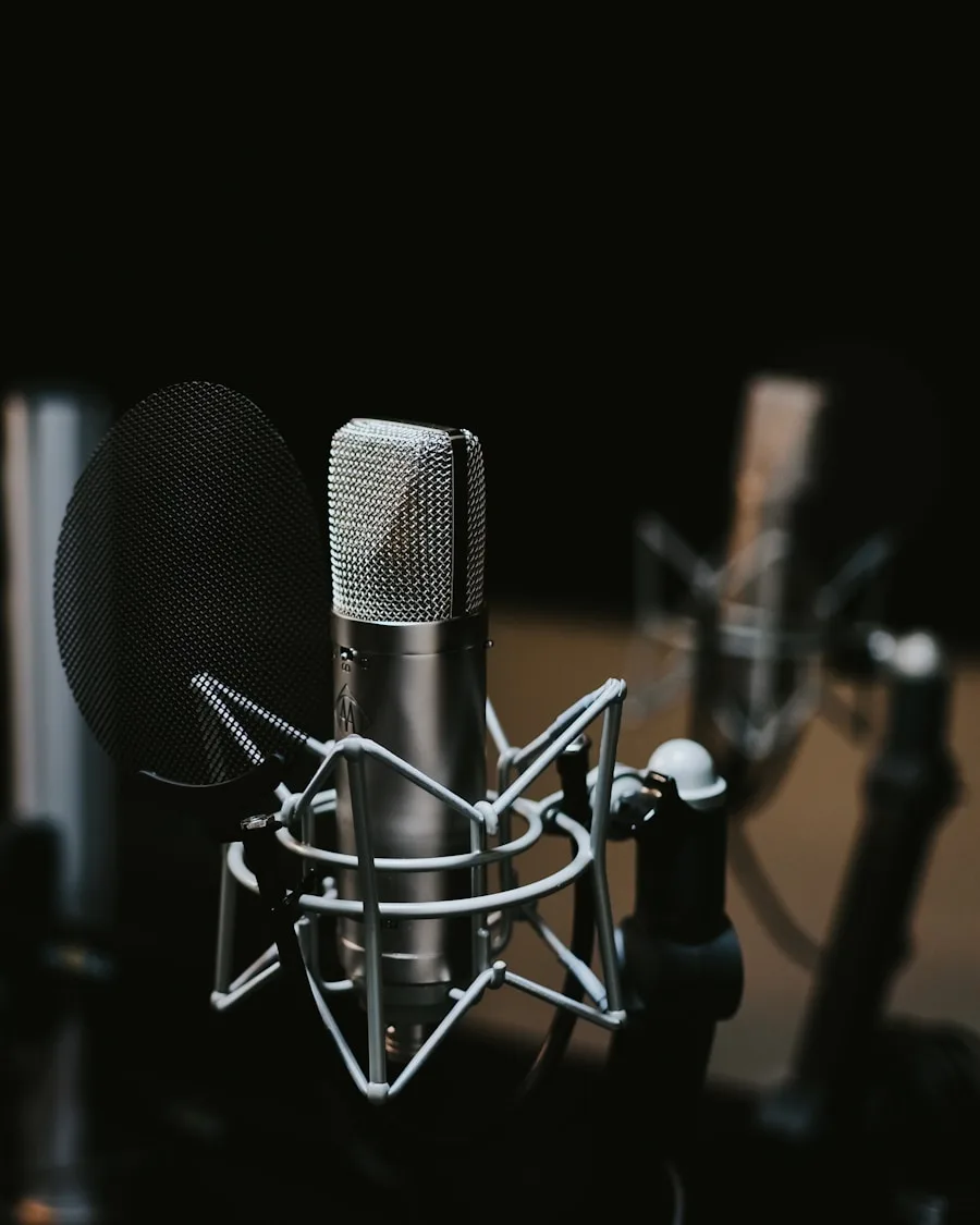 A studio condenser microphone in its shock mount, ready to record
